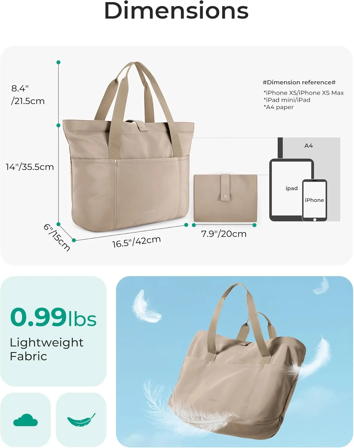 کیف دستی زنانه BAGSMART، کیف تاشو با زیپ، کیف بزرگ رودوشی، کیف دستی با دسته بالایی برای مسافرت، کار