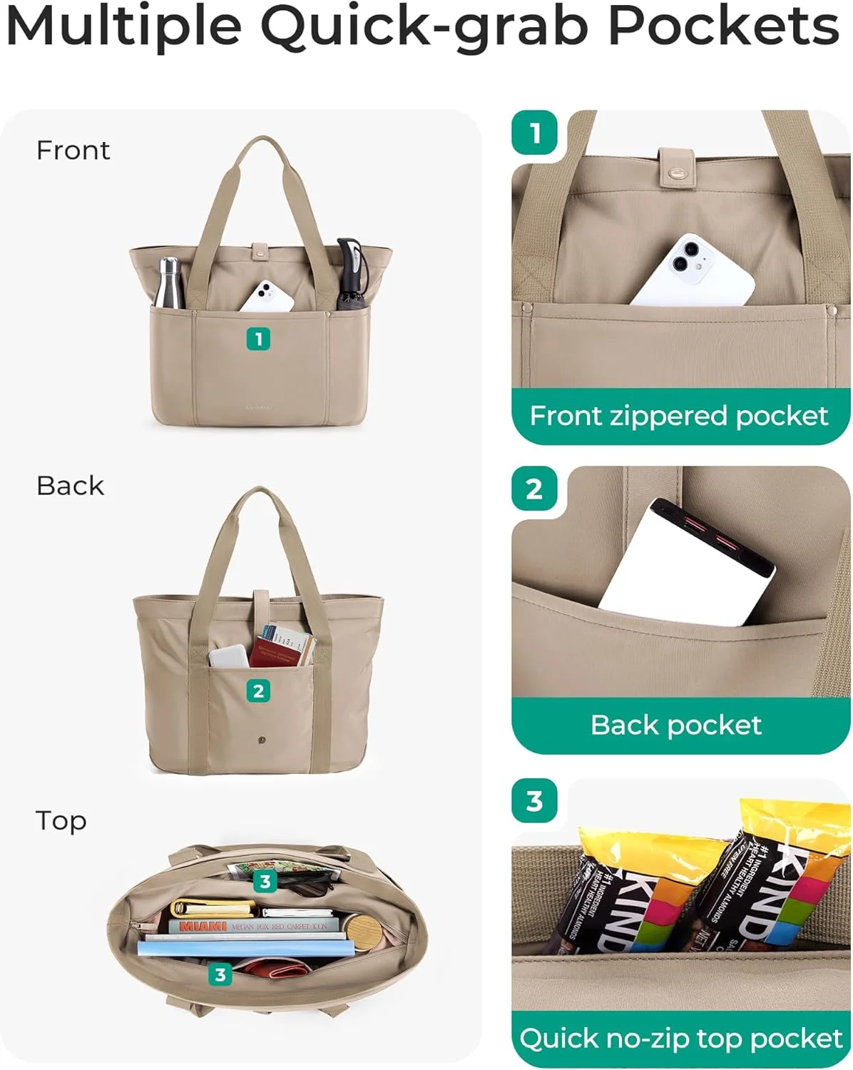 کیف دستی زنانه BAGSMART، کیف تاشو با زیپ، کیف بزرگ رودوشی، کیف دستی با دسته بالایی برای مسافرت، کار