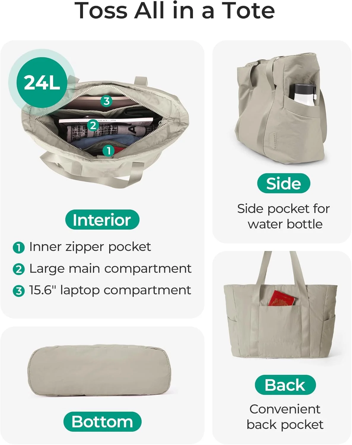 کیف بزرگ زنانه BAGSMART با دسته بالایی و سگک برای زیرانداز یوگا، باشگاه، کار، مدرسه