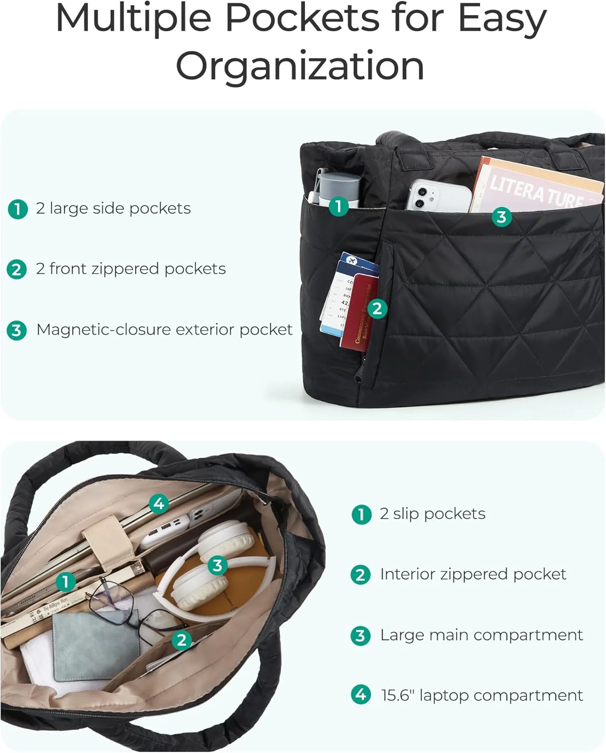 کیف دستی زنانه BAGSMART، کیف دستی پفی با زیپ، کیف شانه ای بزرگ لحافی با محفظه برای مسافرت، کار، باشگاه