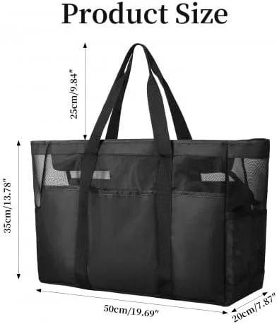 کیف توری بزرگ ساحلی برای خانم ها و آقایان، تاشو 40 لیتری ضد آب با زیپ، جداسازی خشک و مرطوب، جیب های جانبی - کیف استخری مشکی دوشی برای مسافرت، باشگاه، پیک نیک، خرید، 50x20x35 سانتی متر