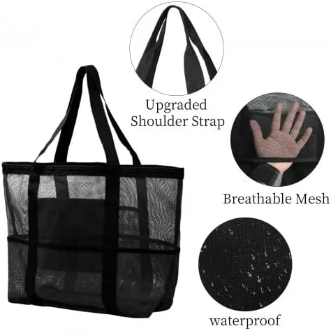 کیف توری بزرگ ساحلی برای خانم ها و آقایان، تاشو 40 لیتری ضد آب با زیپ، جداسازی خشک و مرطوب، جیب های جانبی - کیف استخری مشکی دوشی برای مسافرت، باشگاه، پیک نیک، خرید، 50x20x35 سانتی متر