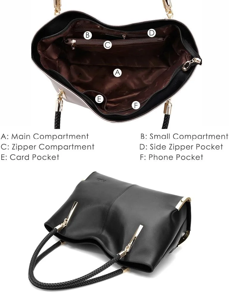 کیف دستی چرمی بزرگ زنانه FOXER، کیف های دستی زنانه با دسته بالایی و زیپ، کیف های بزرگ شانه ای زنانه و کیف های دستی زنانه، کیف های مد روز زنانه با دسته بافته شده (مشکی)