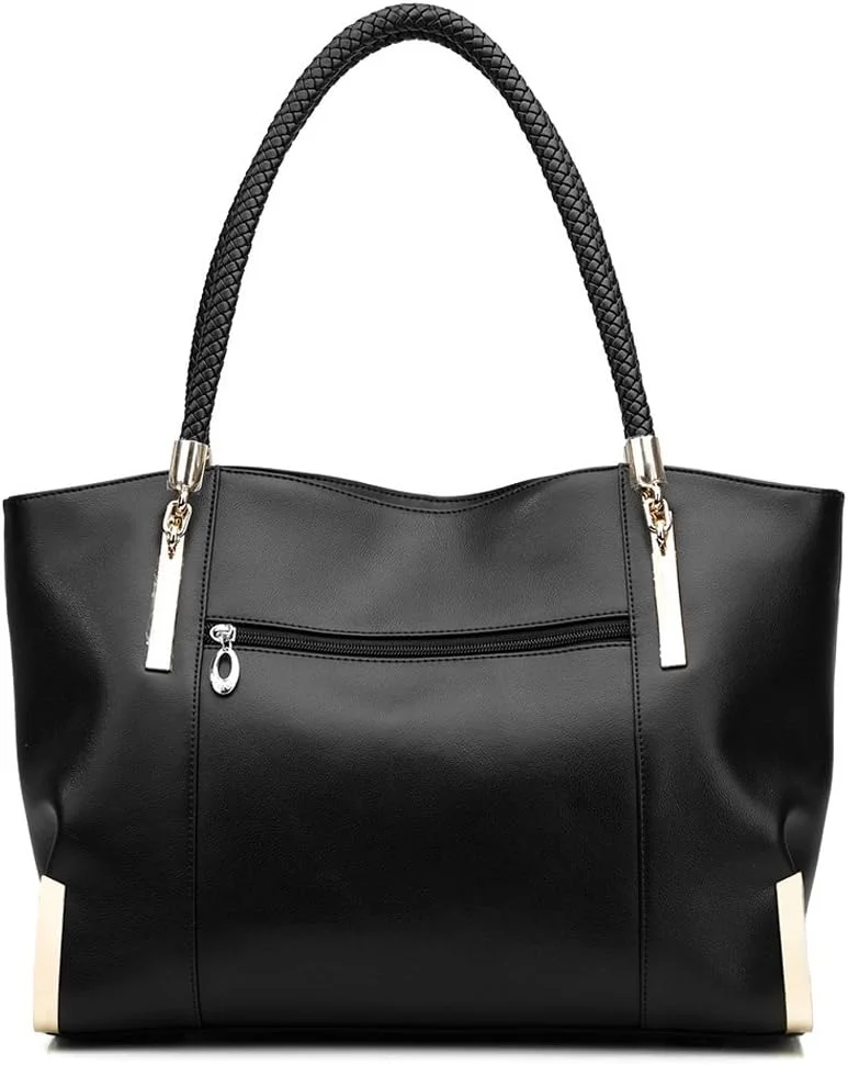 کیف دستی چرمی بزرگ زنانه FOXER، کیف های دستی زنانه با دسته بالایی و زیپ، کیف های بزرگ شانه ای زنانه و کیف های دستی زنانه، کیف های مد روز زنانه با دسته بافته شده (مشکی)