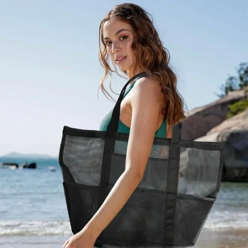 کیف توری بزرگ ساحلی برای خانم ها و آقایان، تاشو 40 لیتری ضد آب با زیپ، جداسازی خشک و مرطوب، جیب های جانبی - کیف استخری مشکی دوشی برای مسافرت، باشگاه، پیک نیک، خرید، 50x20x35 سانتی متر
