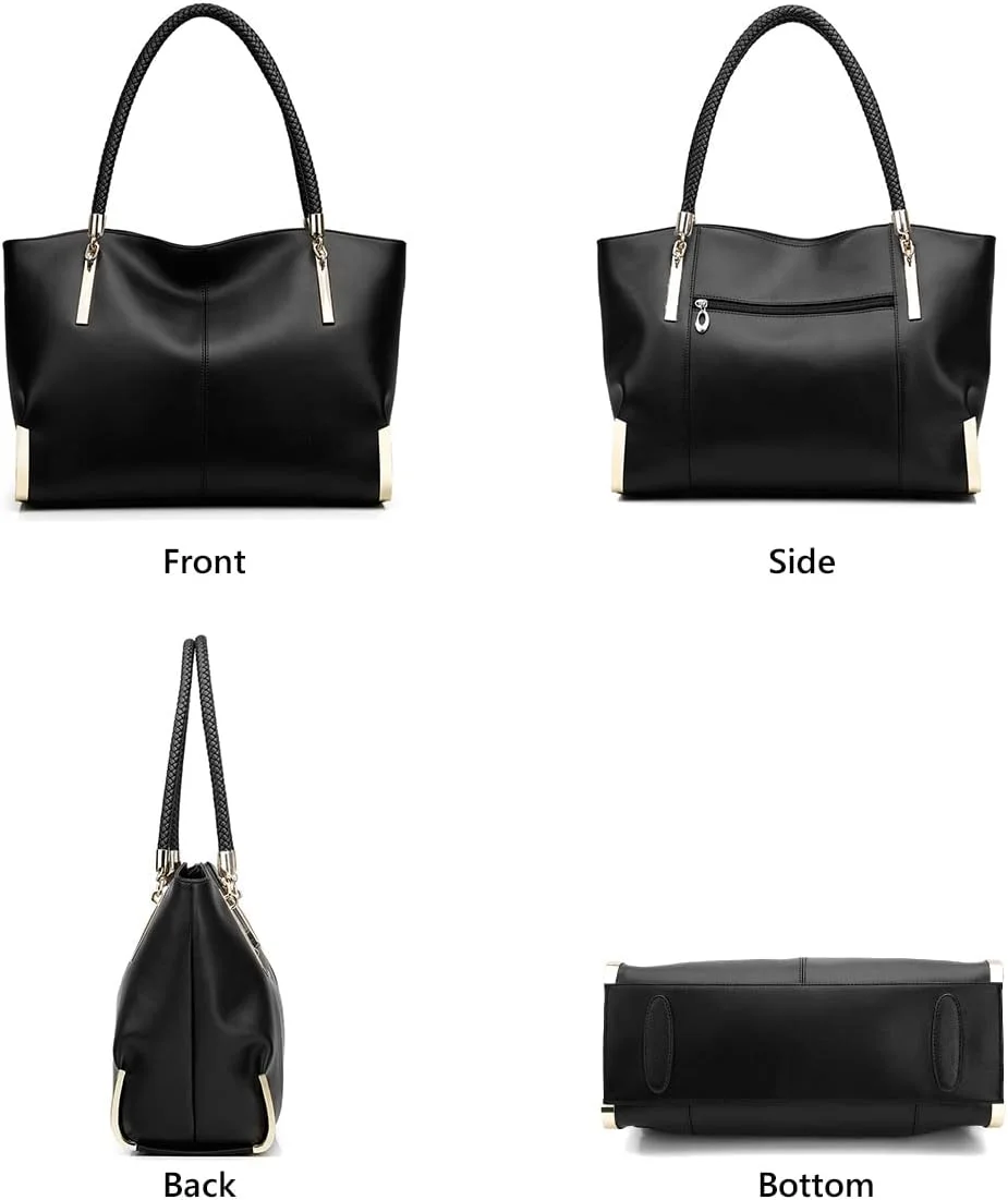 کیف دستی چرمی بزرگ زنانه FOXER، کیف های دستی زنانه با دسته بالایی و زیپ، کیف های بزرگ شانه ای زنانه و کیف های دستی زنانه، کیف های مد روز زنانه با دسته بافته شده (مشکی)