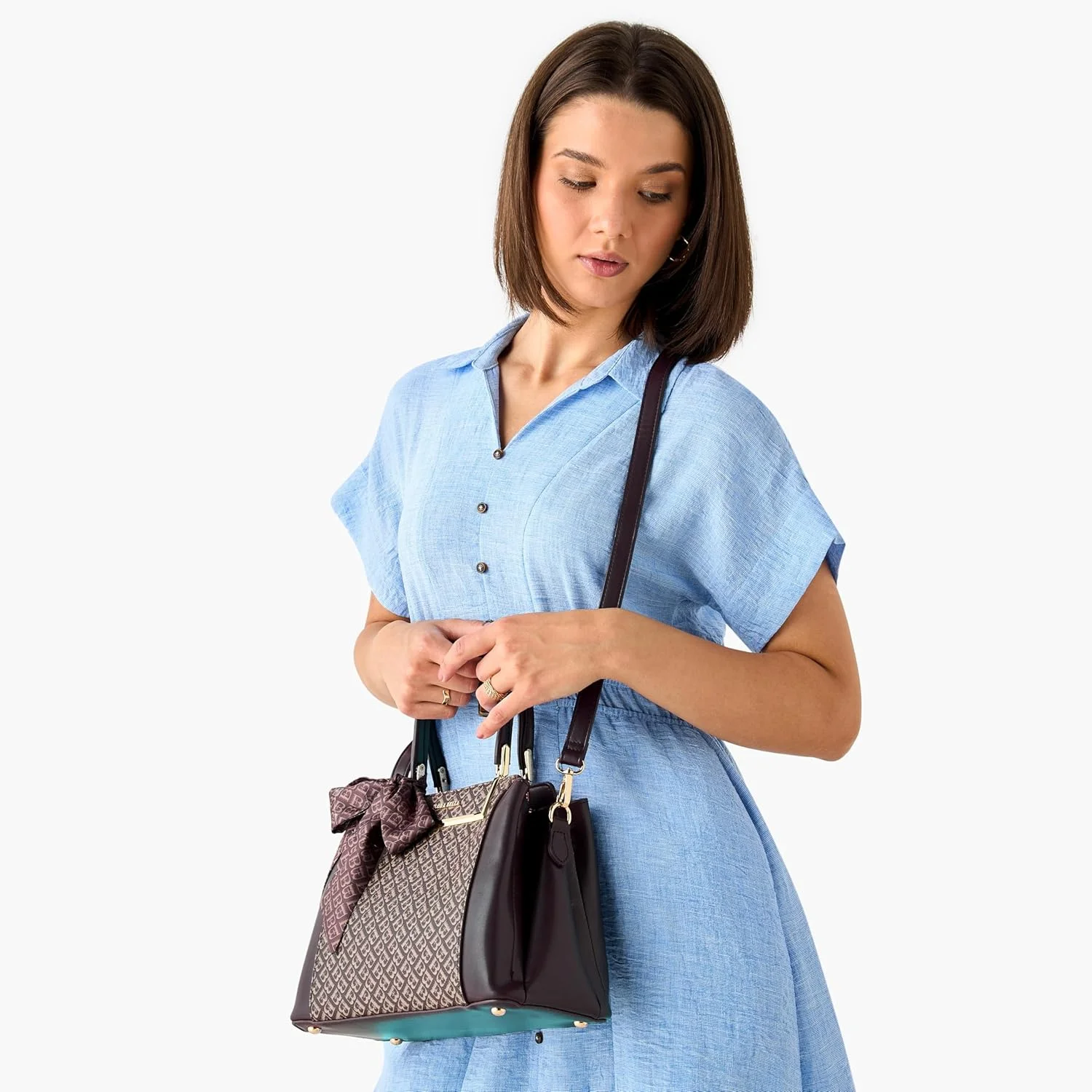 کیف دستی زنانه Flora Bella طرح مونوگرام Shoexpress با تزئین شال گردن قهوه ای، سایز One Size