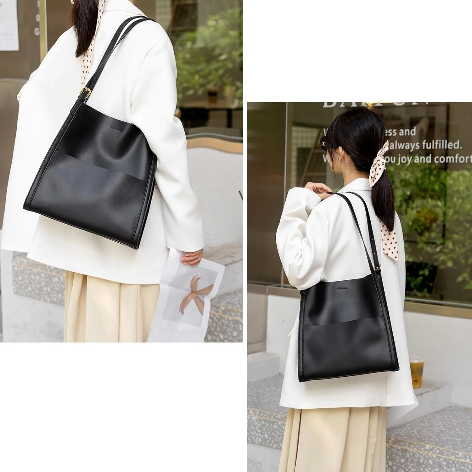 کیف دستی زنانه ضد آب با ظرفیت بزرگ، کیف دوشی چرم اصل ساده تک رنگ، کیف های چرم اصل (مشکی)