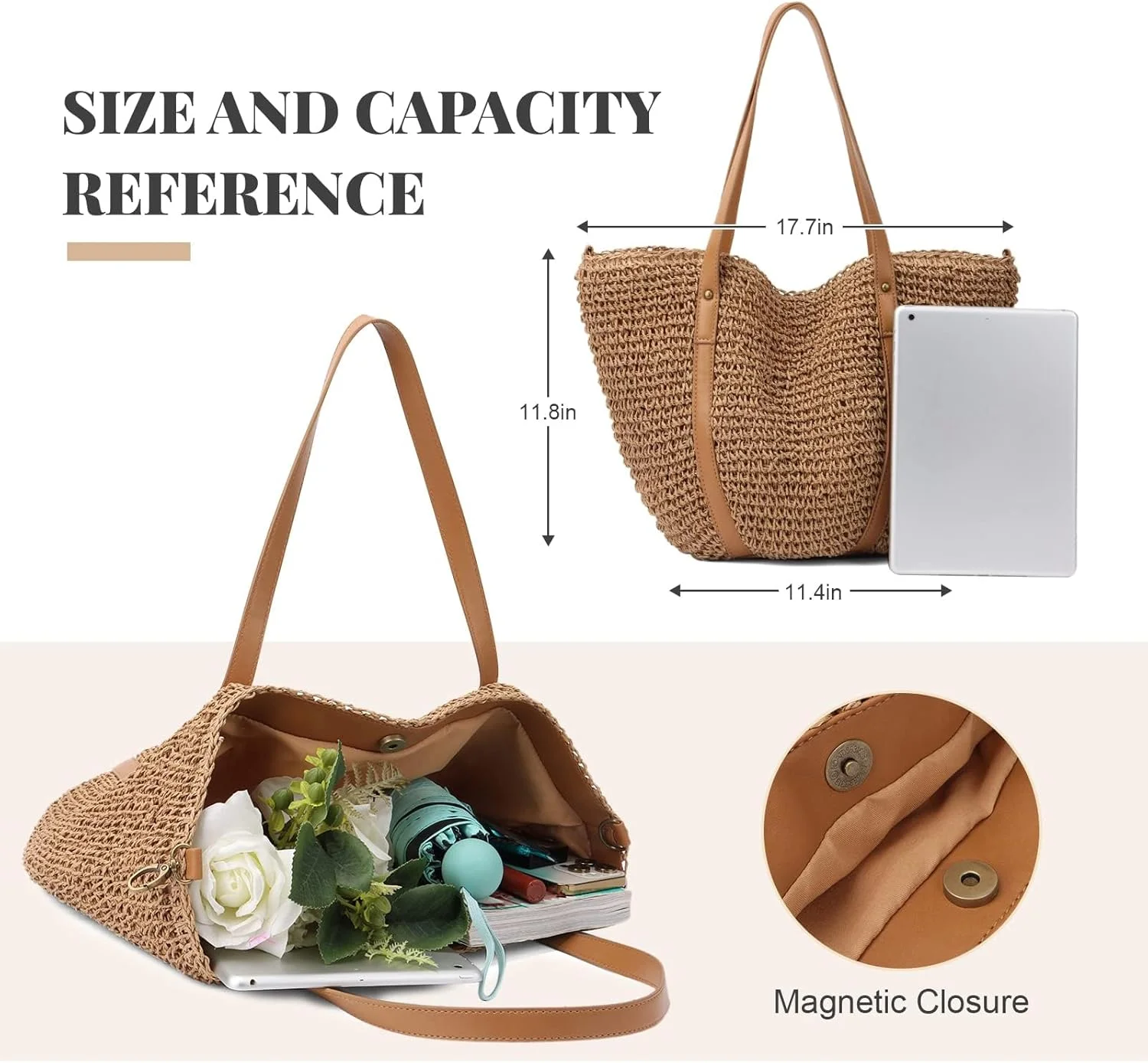 کیف حصیری بزرگ زنانه Excefore، کیف دستی بافته شده حصیری، کیف دوشی مناسب مسافرت و تعطیلات