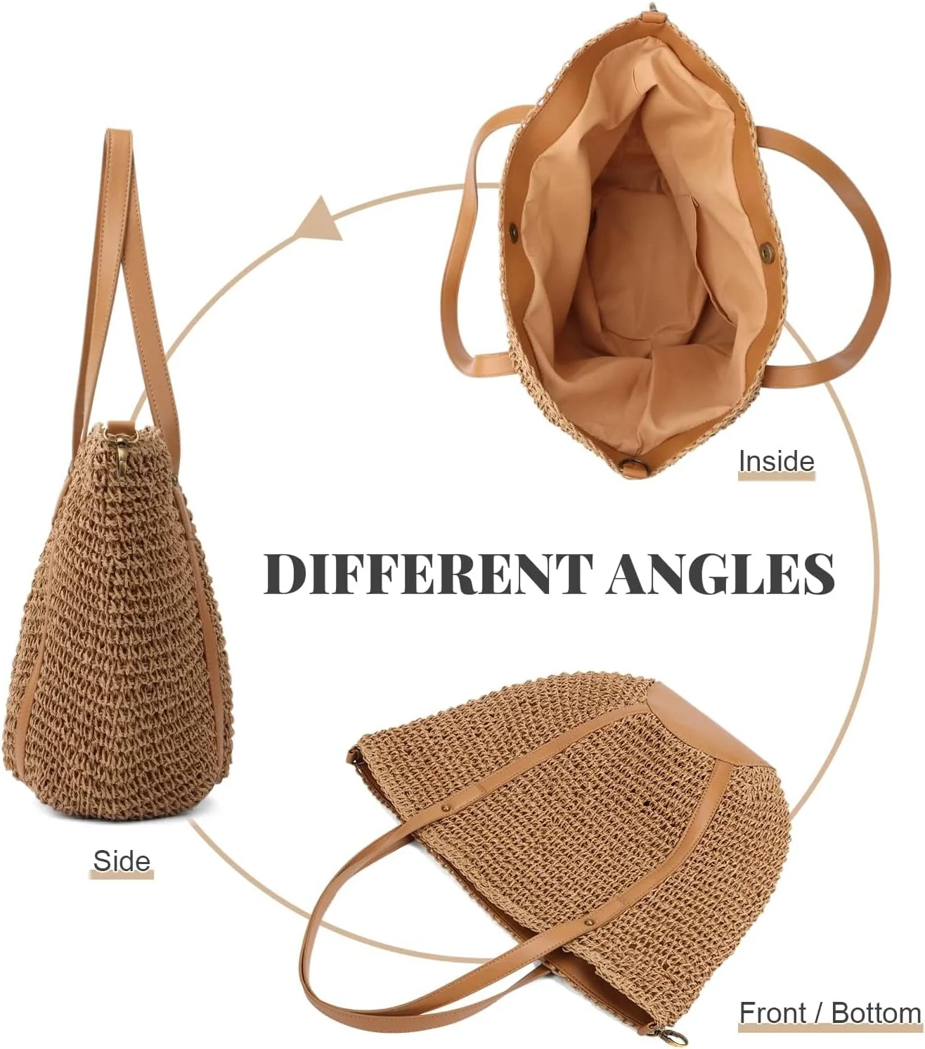 کیف حصیری بزرگ زنانه Excefore، کیف دستی بافته شده حصیری، کیف دوشی مناسب مسافرت و تعطیلات