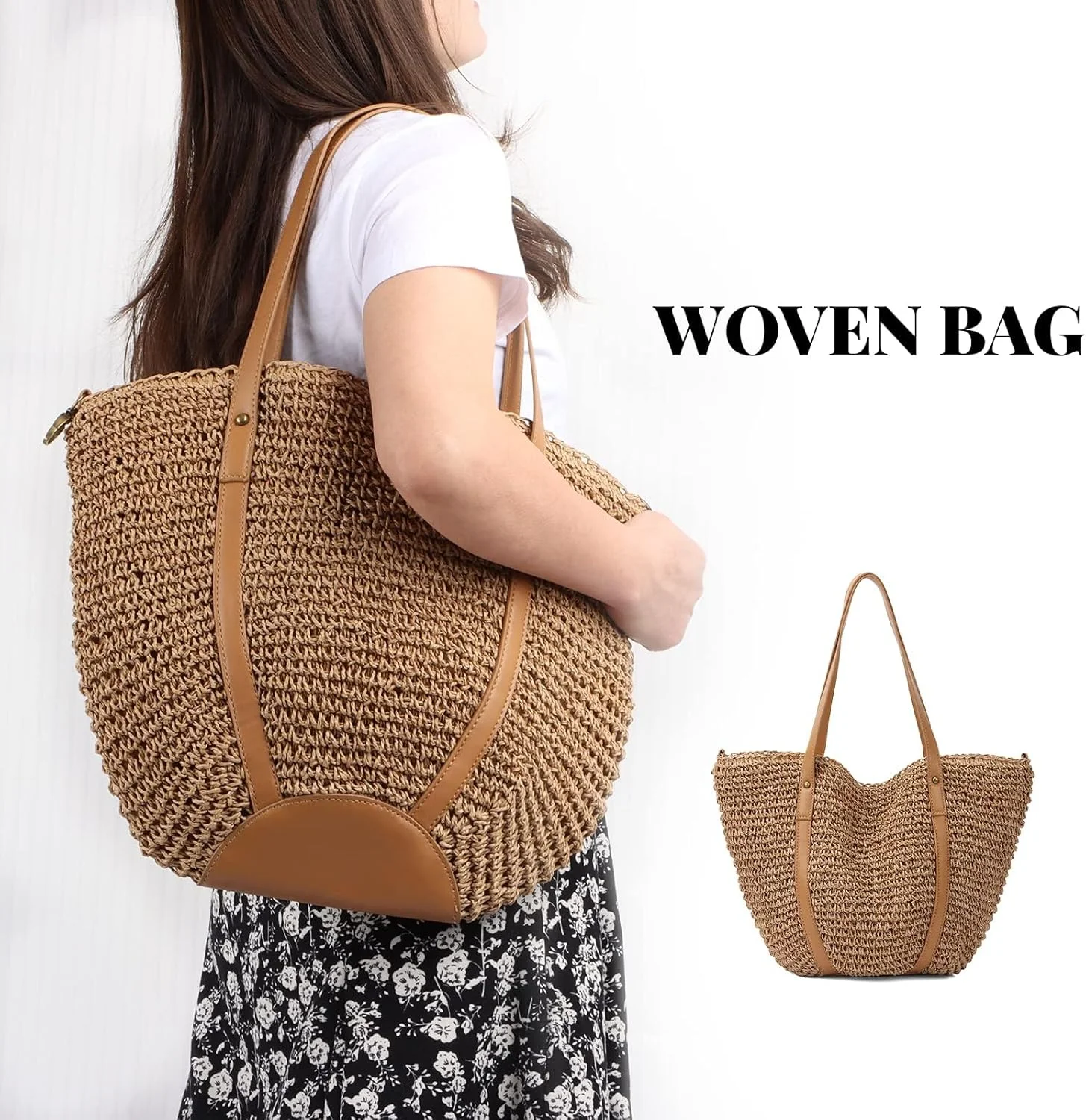 کیف حصیری بزرگ زنانه Excefore، کیف دستی بافته شده حصیری، کیف دوشی مناسب مسافرت و تعطیلات