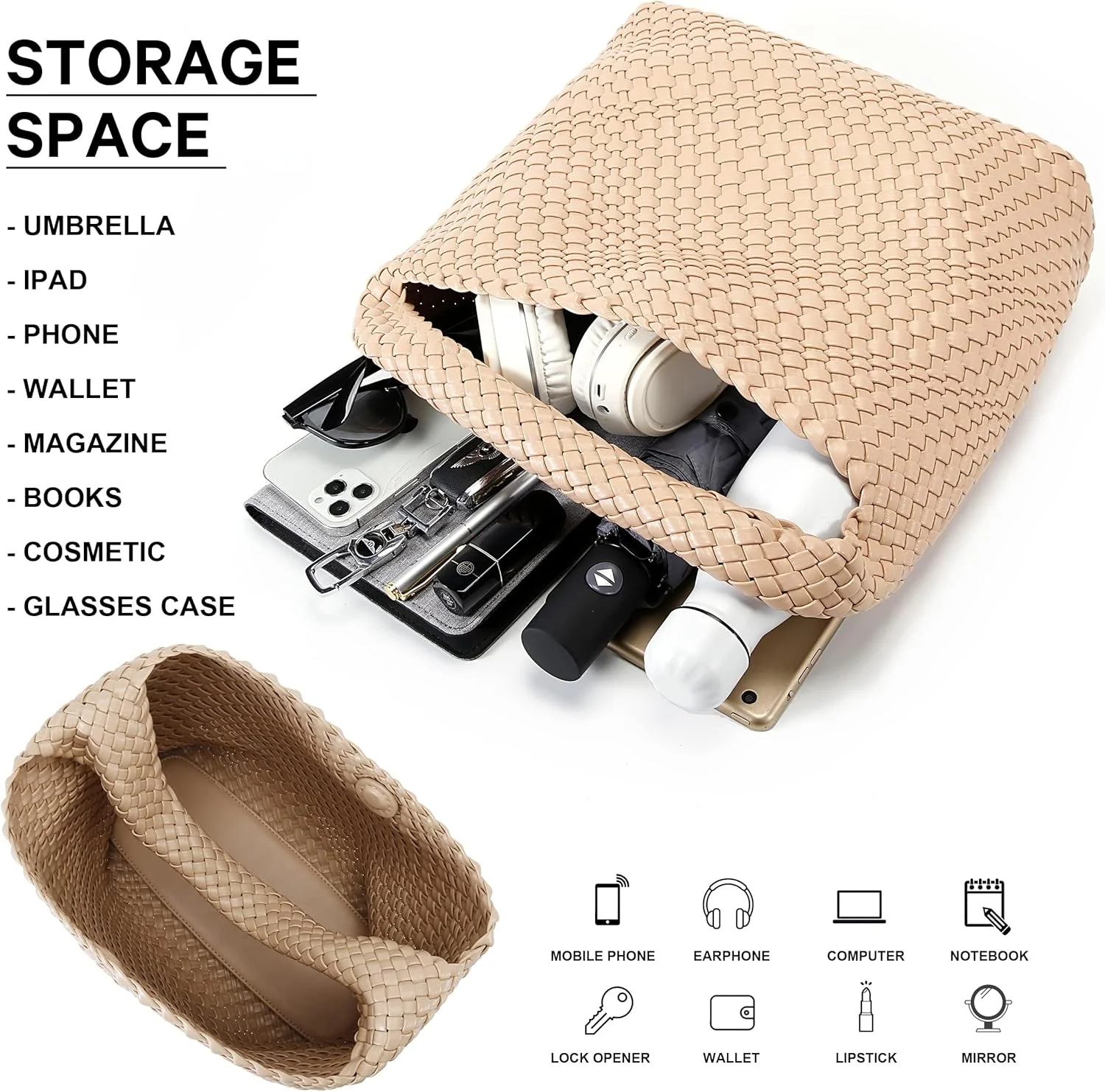 کیف بافتنی زنانه، کیف دستی تابستانی نرم و سبک با دسته بالایی، کیف دستی بوهو روزمره، کیف دوشی