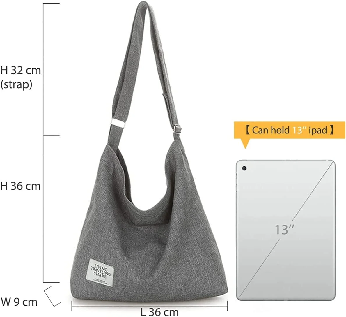 کیف دستی زنانه Excefore مدل Hobo، کیف بزرگ پارچه ای، کیف دوشی روزمره با ظرفیت بالا، کیف دستی بزرگ نخی برای مسافرت و استفاده روزانه، ابعاد 36 * 36 * 9 سانتی متر (ارتفاع * طول * عرض)