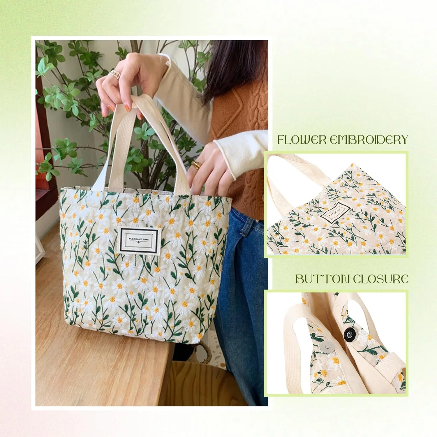 کیف دستی کوچک زنانه - کیف کتابی گلدوزی شده مینیاتوری با طرح گل های بابونه، کیف های قابل استفاده مجدد برای خرید، وسایل ضروری، بطری آب، کلید، کتاب، انجیل