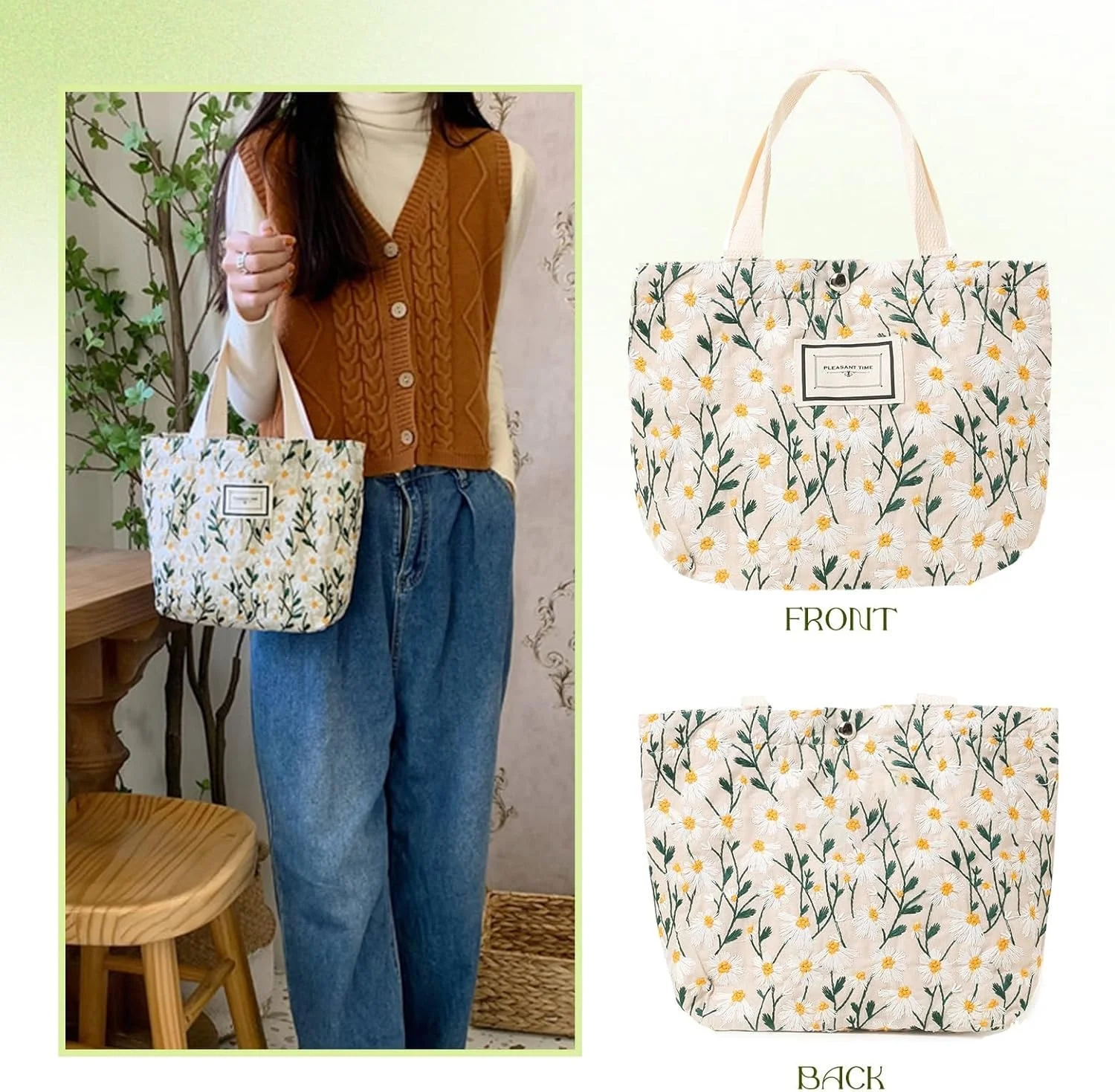 کیف دستی کوچک زنانه - کیف کتابی گلدوزی شده مینیاتوری با طرح گل های بابونه، کیف های قابل استفاده مجدد برای خرید، وسایل ضروری، بطری آب، کلید، کتاب، انجیل