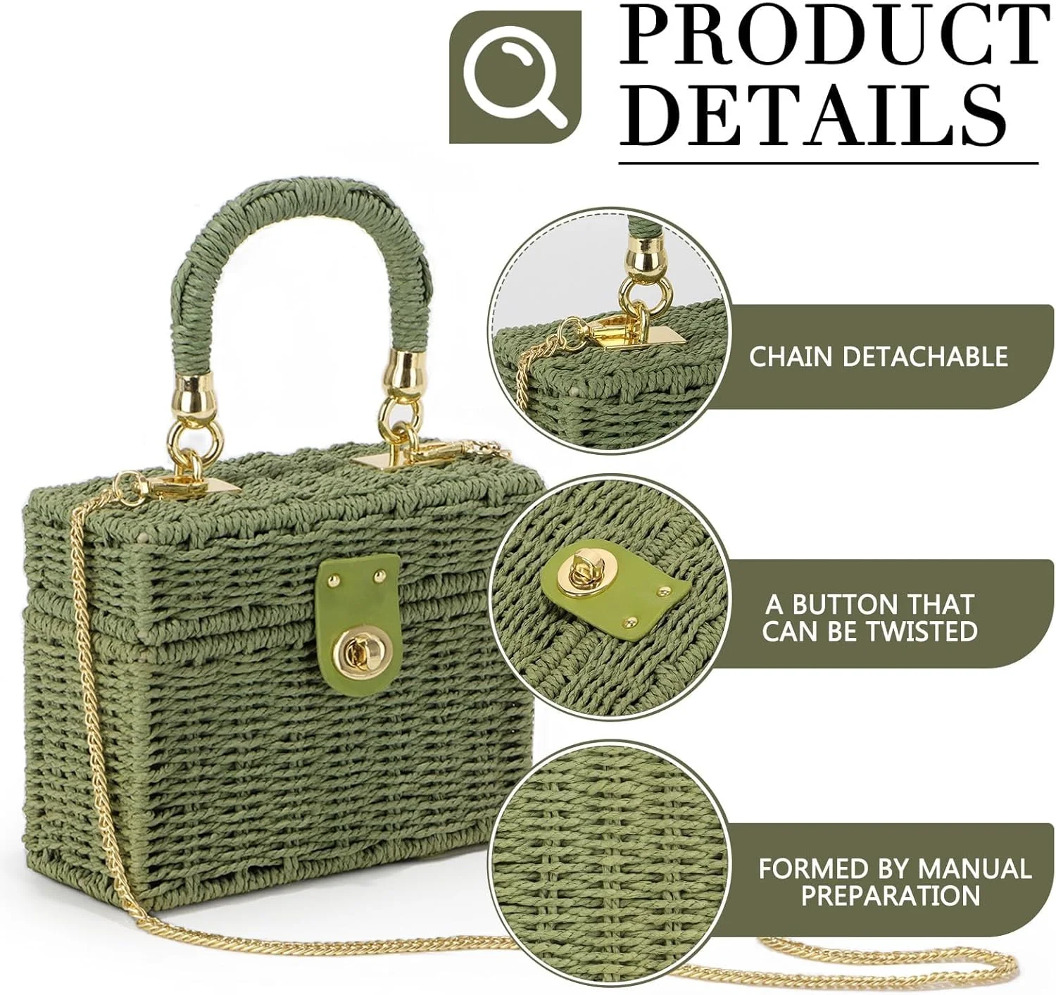 کیف دستی حصیری بافت زنانه، کیف ساحلی تابستانی، کیف دوشی مربع بوهو، کیف کلاچ دستی حصیری، کیف دوشی حصیری زنانه، سبز