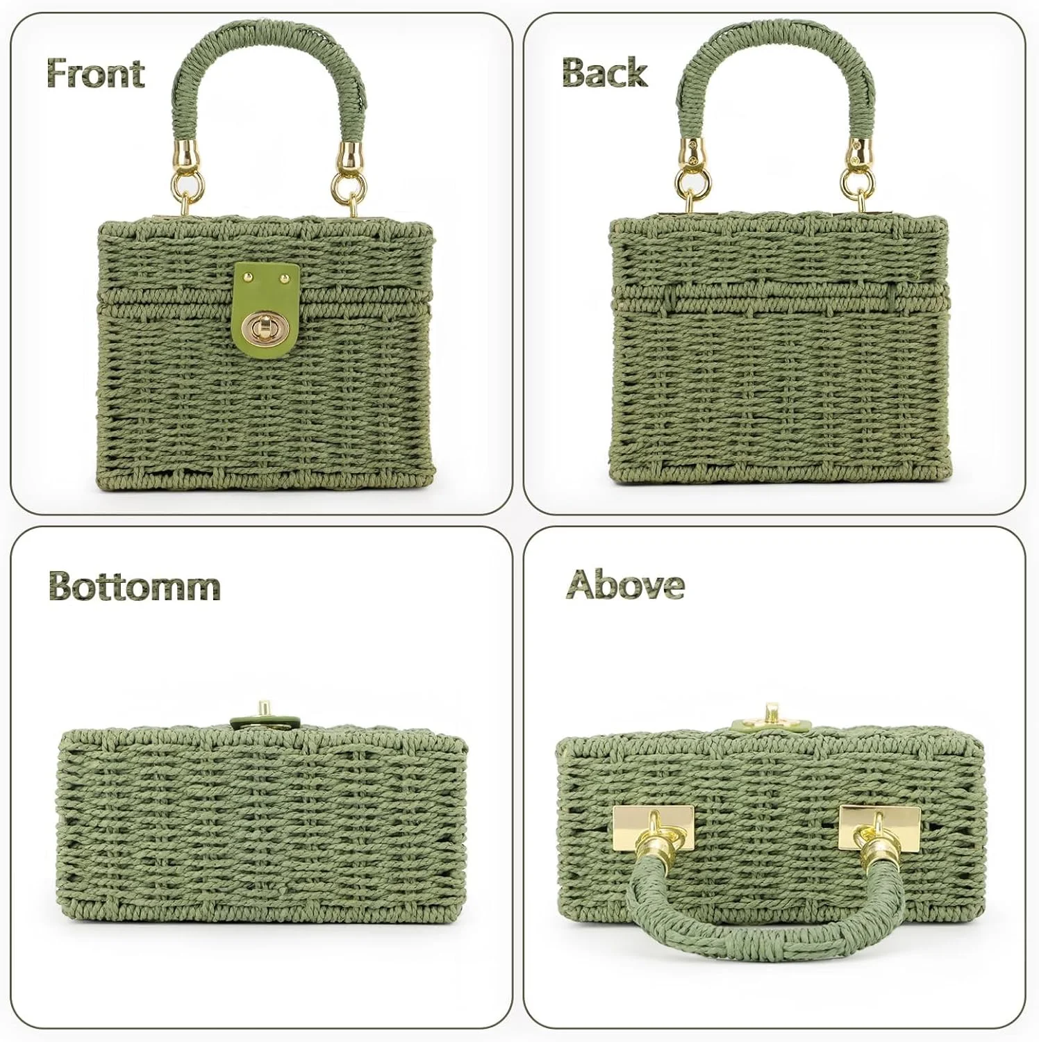 کیف دستی حصیری بافت زنانه، کیف ساحلی تابستانی، کیف دوشی مربع بوهو، کیف کلاچ دستی حصیری، کیف دوشی حصیری زنانه، سبز