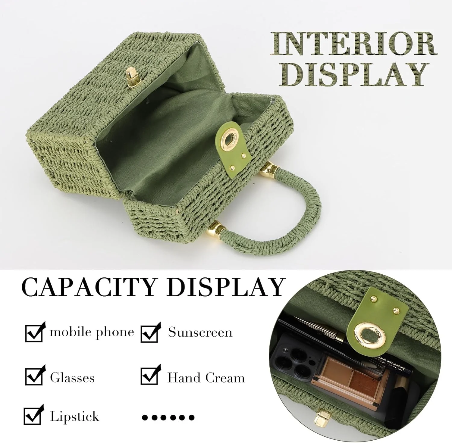 کیف دستی حصیری بافت زنانه، کیف ساحلی تابستانی، کیف دوشی مربع بوهو، کیف کلاچ دستی حصیری، کیف دوشی حصیری زنانه، سبز