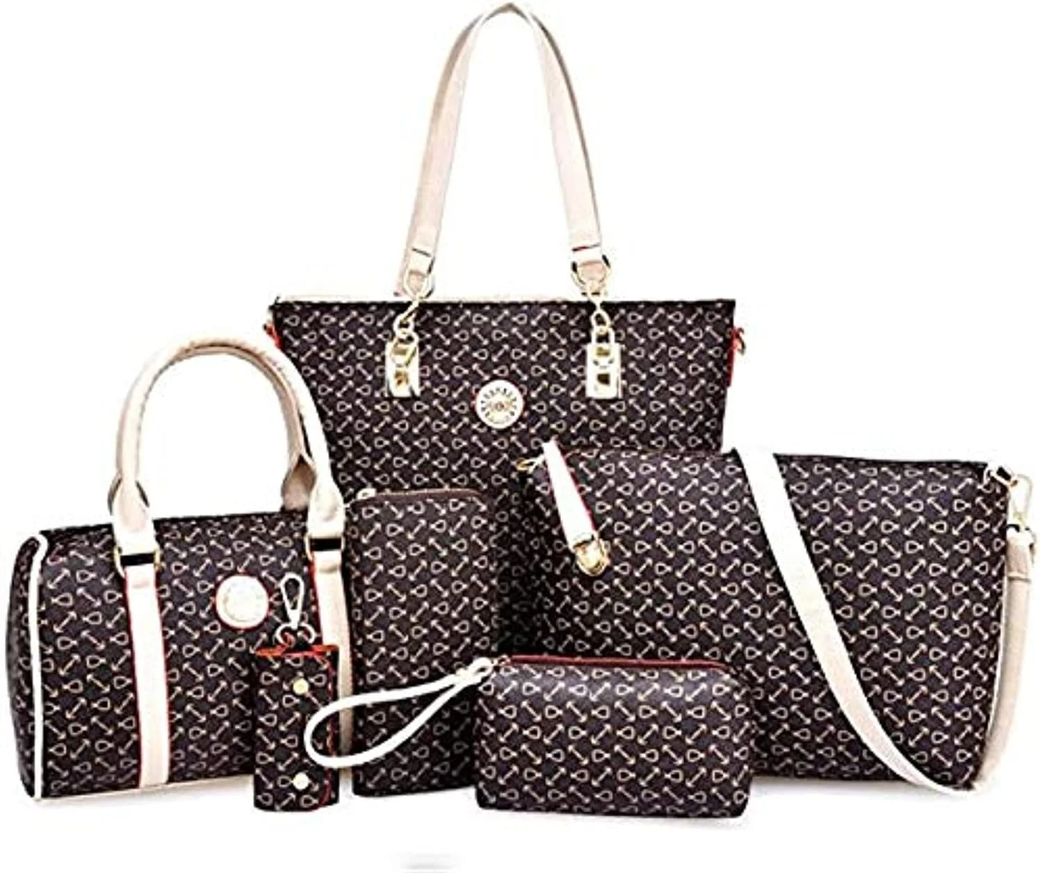 کیف دستی زنانه GulfDealz و کیف شانه ای، کیف بزرگ مناسب کار، ست 6 تکه - قهوه ای