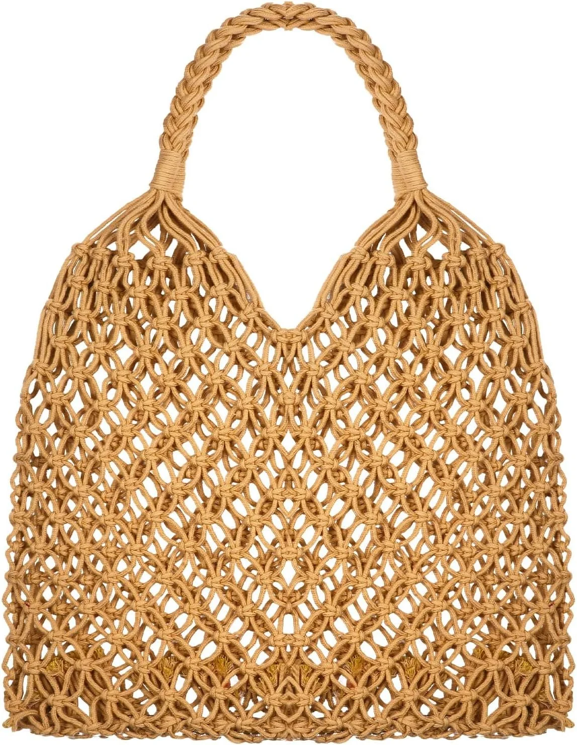 کیف ساحلی طنابی بافته شده زنانه، کیف توری مکرومه دست ساز، کیف دوشی سبک وزن قلاب بافی برای مسافرت، ماهیگیری، خرید، گردش های تابستانی و استفاده روزمره