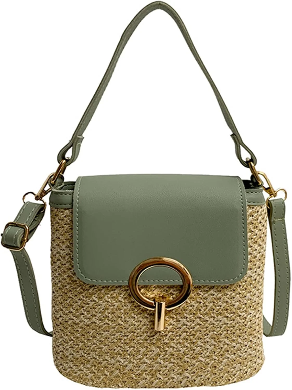 کیف سطلی حصیری کوچک زنانه، کیف دستی بافتنی، کیف دستی تعطیلات با دسته، کیف ساحلی تابستانی، کیف و کیف دستی مسافرتی زنانه، کیف ساده زنانه (سبز)