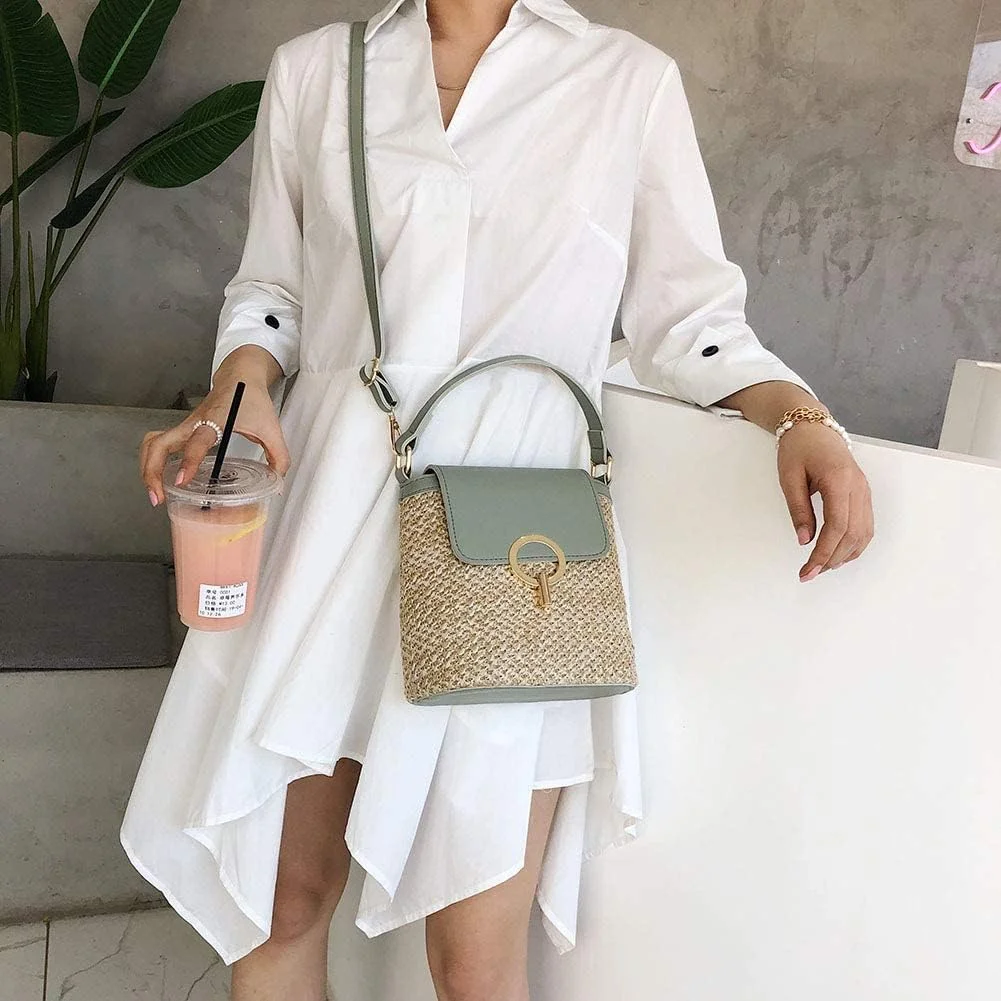 کیف سطلی حصیری کوچک زنانه، کیف دستی بافتنی، کیف دستی تعطیلات با دسته، کیف ساحلی تابستانی، کیف و کیف دستی مسافرتی زنانه، کیف ساده زنانه (سبز)