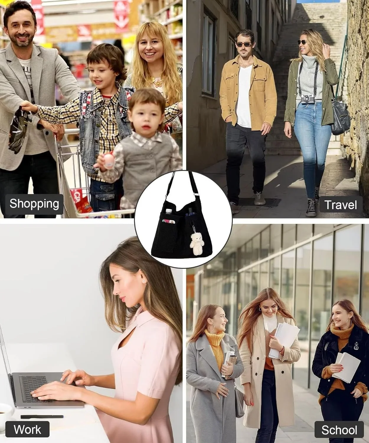 کیف دستی زنانه بزرگ با جیب های متعدد، کیف دوشی بزرگ کتان برای مسافرت و استفاده روزانه (39 * 36 * 6 سانتی متر)