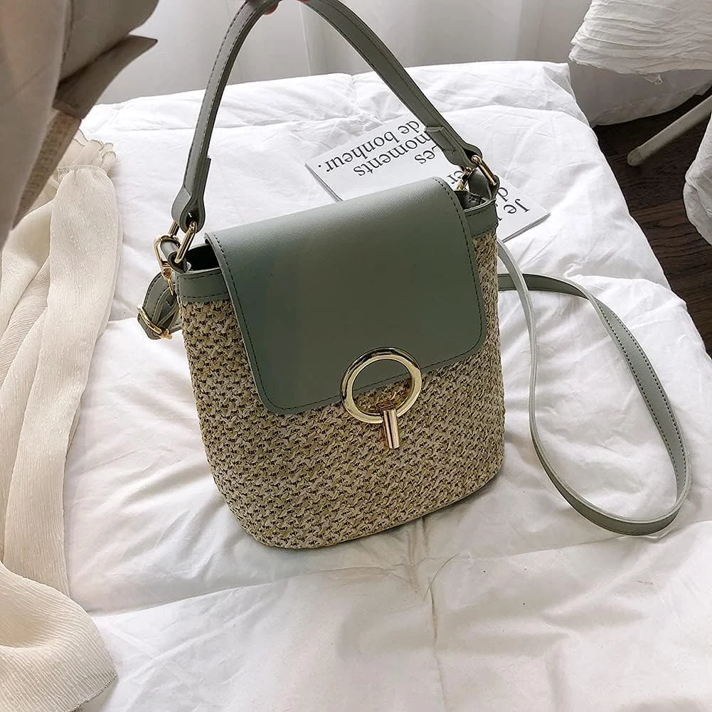 کیف سطلی حصیری کوچک زنانه، کیف دستی بافتنی، کیف دستی تعطیلات با دسته، کیف ساحلی تابستانی، کیف و کیف دستی مسافرتی زنانه، کیف ساده زنانه (سبز)