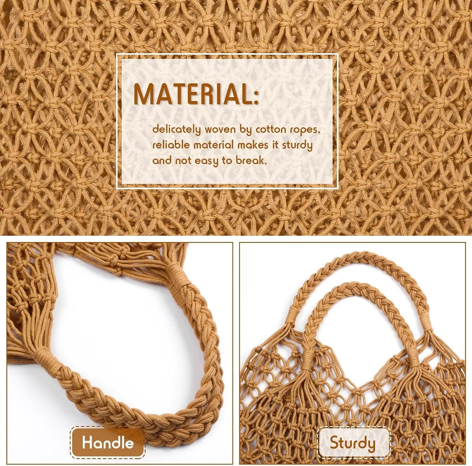 کیف ساحلی طنابی بافته شده زنانه، کیف توری مکرومه دست ساز، کیف دوشی سبک وزن قلاب بافی برای مسافرت، ماهیگیری، خرید، گردش های تابستانی و استفاده روزمره