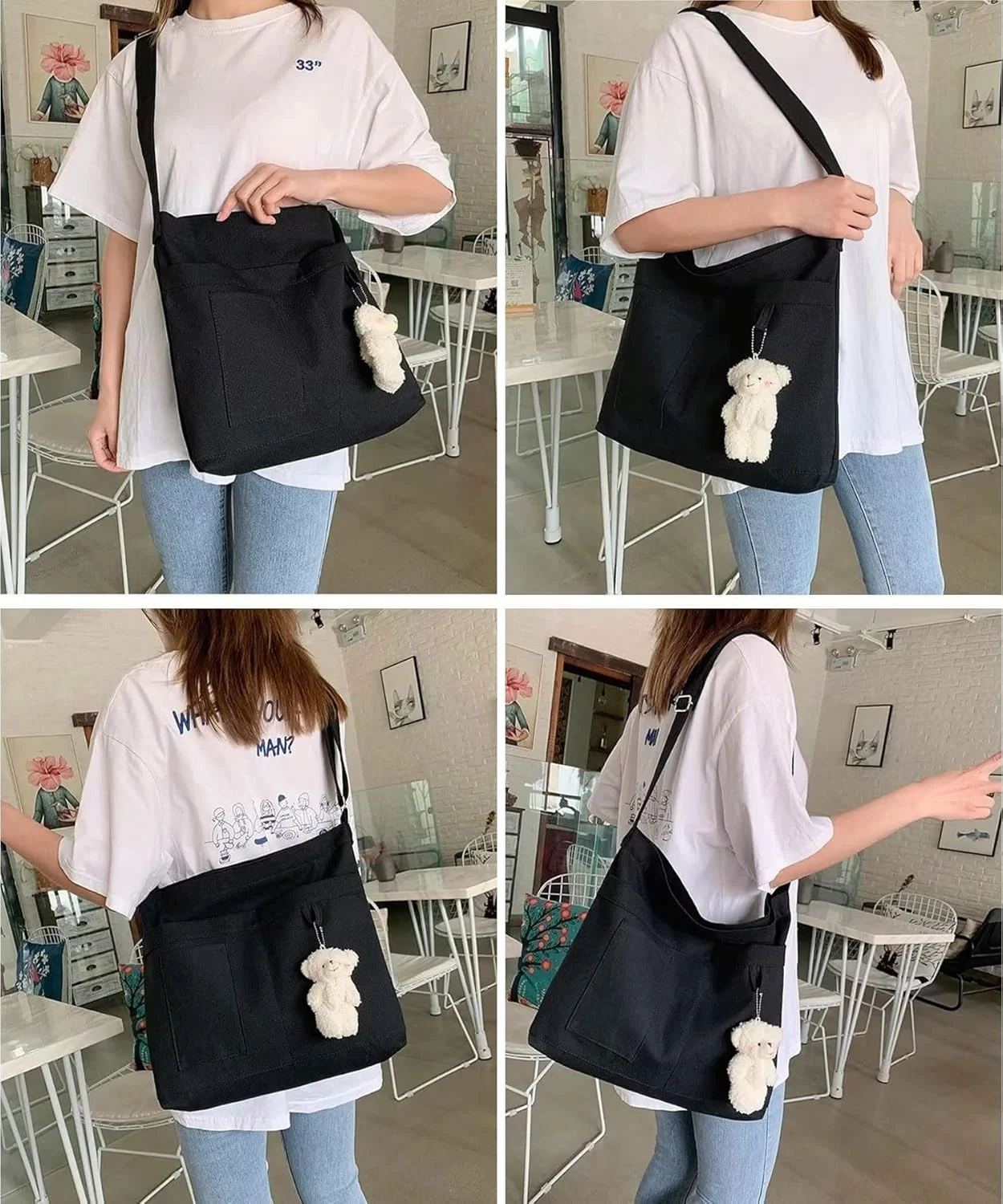 کیف دستی زنانه بزرگ با جیب های متعدد، کیف دوشی بزرگ کتان برای مسافرت و استفاده روزانه (39 * 36 * 6 سانتی متر)