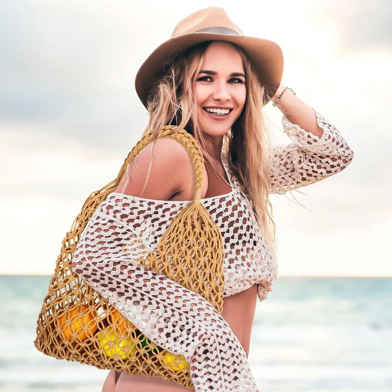 کیف ساحلی طنابی بافته شده زنانه، کیف توری مکرومه دست ساز، کیف دوشی سبک وزن قلاب بافی برای مسافرت، ماهیگیری، خرید، گردش های تابستانی و استفاده روزمره