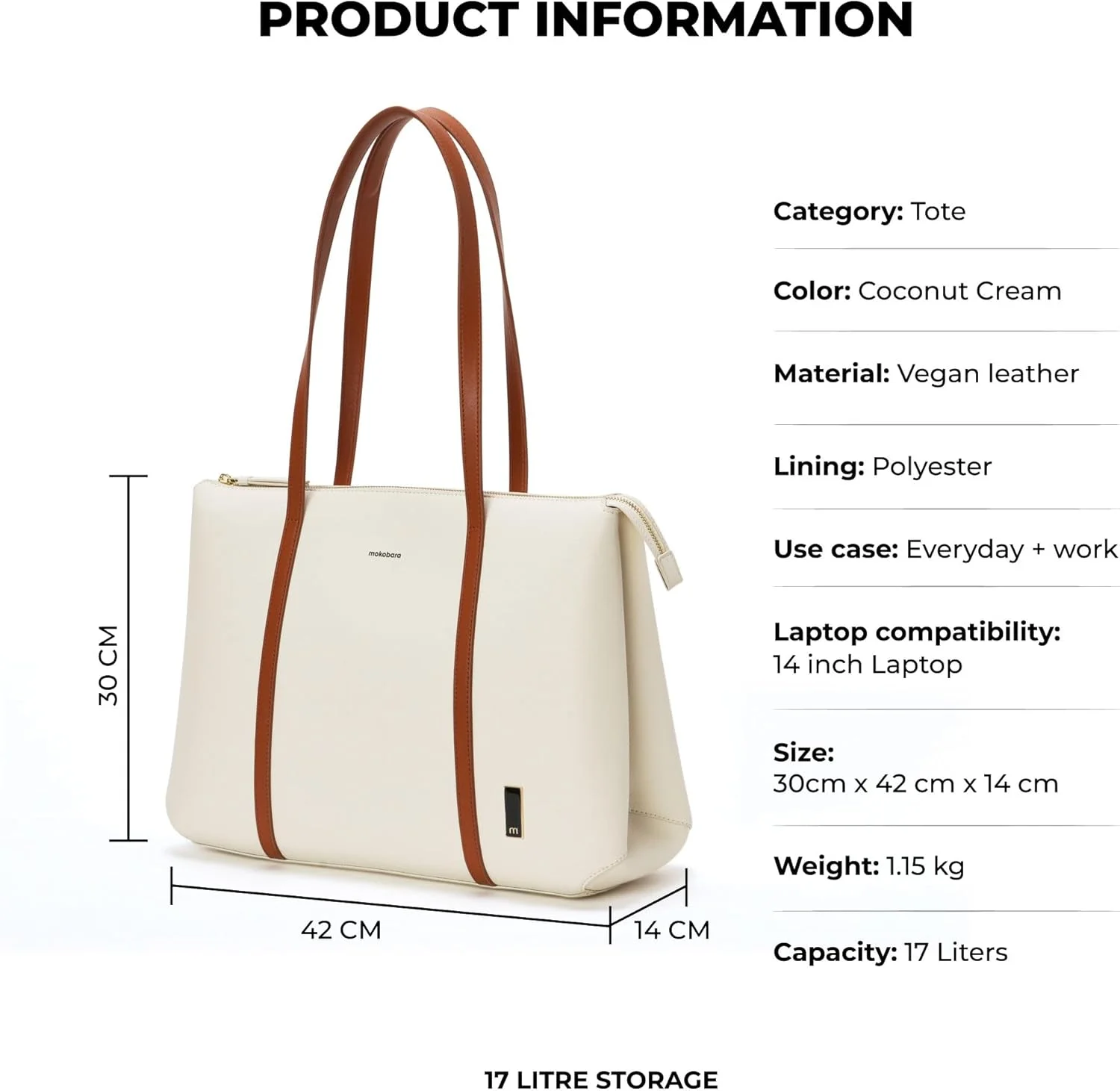 کیف دستی بزرگ زنانه موکوبارا مدل Easy Going Tote از چرم مصنوعی | کیف شیک و جادار مناسب کار، سفر و استفاده روزمره (کرم نارگیلی 2.0، سفید)