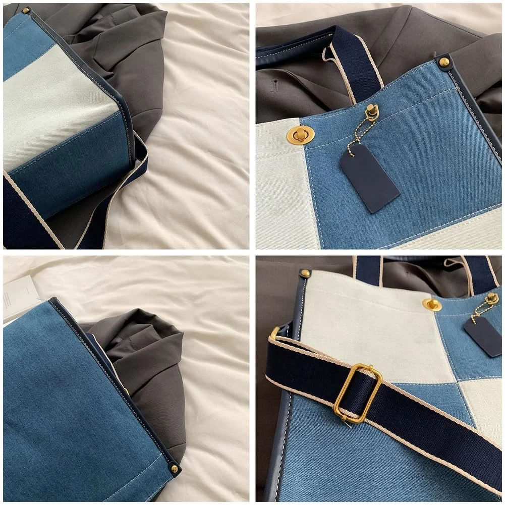 کیف دستی جین شیک NALACAL برای زنان، کیف بزرگ دوشی بوم با طرح قدیمی، مناسب برای کار، مسافرت، دانشگاه و استفاده روزمره، کیف بادوام جین با جیب های متعدد