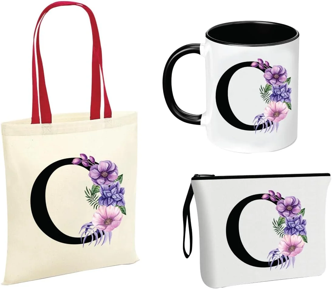 ست هدیه کیف دستی کتان بوم نقاشی با حروف الفبا و دسته قرمز به همراه کیف لوازم آرایشی برای دختران - لیوان - ست 3 تکه ترکیبی - ست هدیه برای عروسی - هدیه برای دختران - هدیه برای دوستان