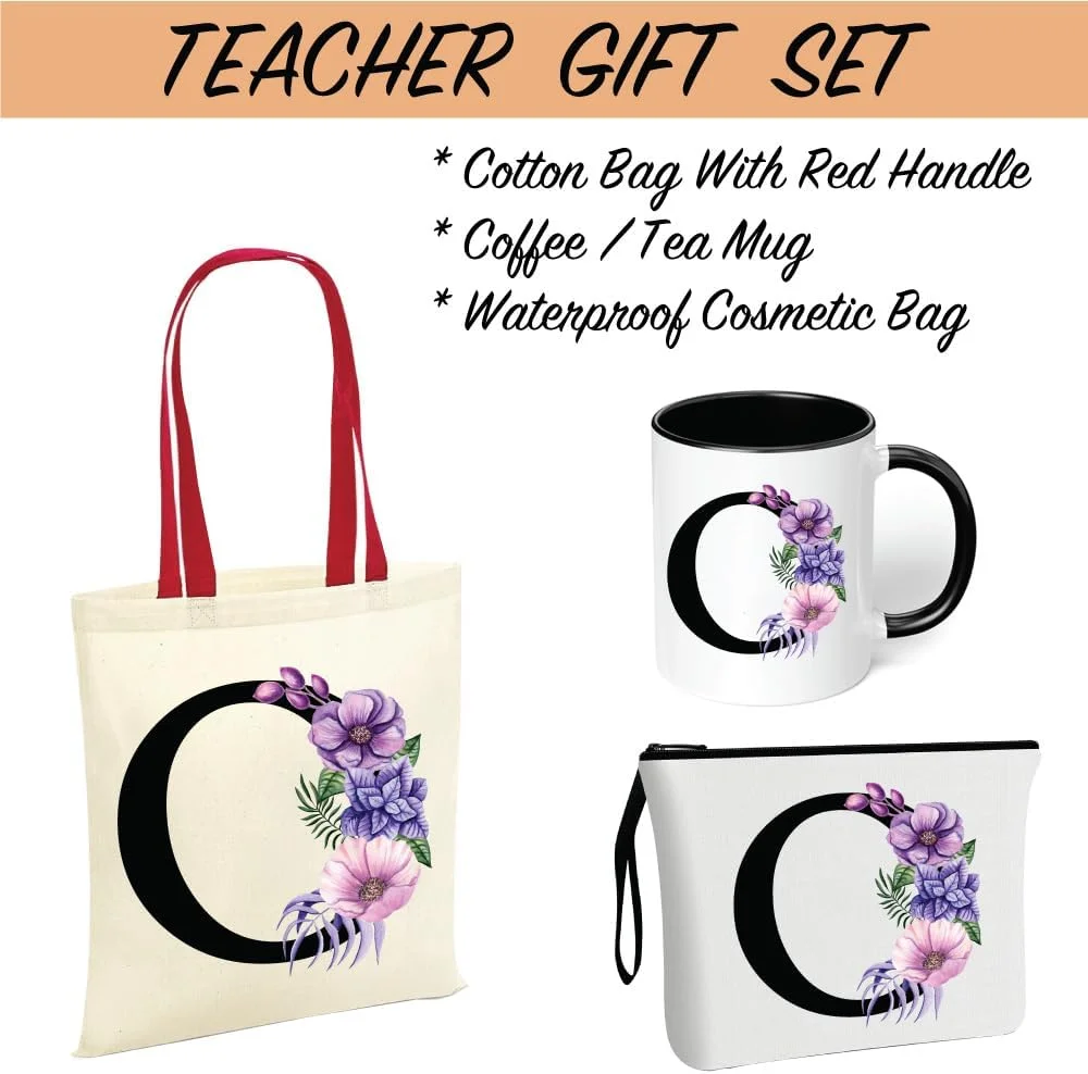 ست هدیه کیف دستی کتان بوم نقاشی با حروف الفبا و دسته قرمز به همراه کیف لوازم آرایشی برای دختران - لیوان - ست 3 تکه ترکیبی - ست هدیه برای عروسی - هدیه برای دختران - هدیه برای دوستان