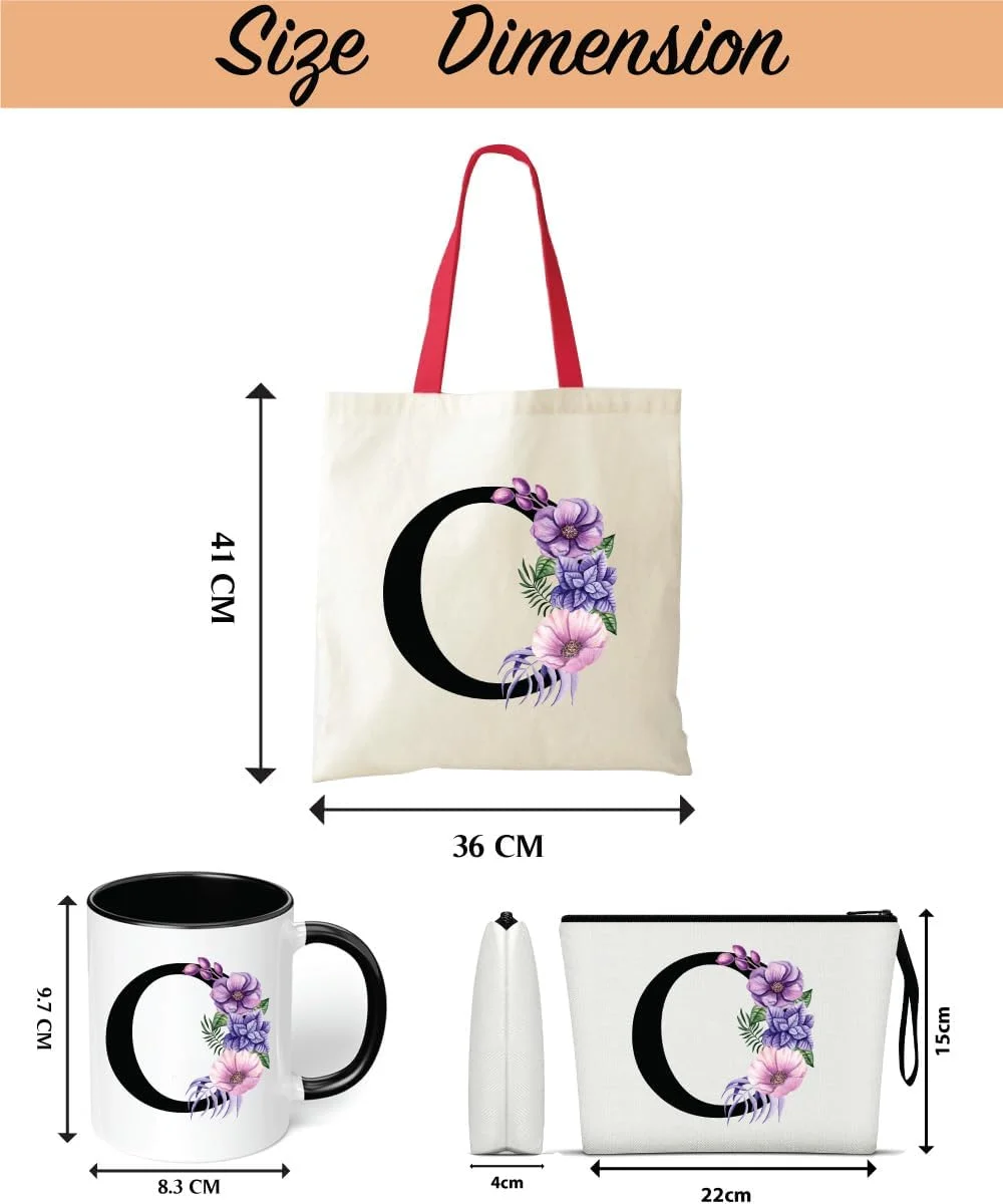 ست هدیه کیف دستی کتان بوم نقاشی با حروف الفبا و دسته قرمز به همراه کیف لوازم آرایشی برای دختران - لیوان - ست 3 تکه ترکیبی - ست هدیه برای عروسی - هدیه برای دختران - هدیه برای دوستان