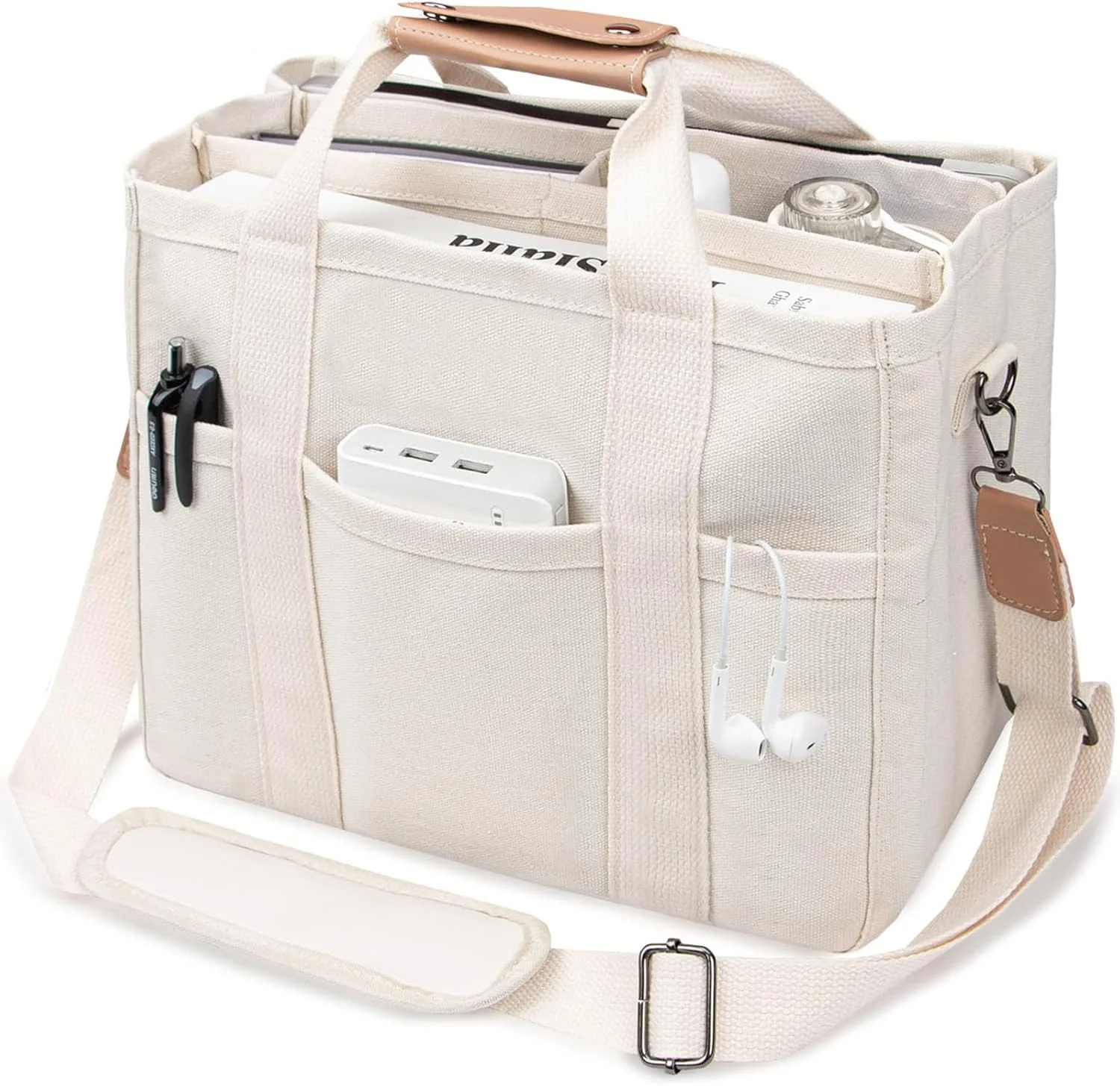 کیف دستی بومى پاپرى‌چ با جیب‌هاى متعدد براى بانوان، کیف بزرگ دوشی، کیف همه کاره با محفظه‌ها (سفید)