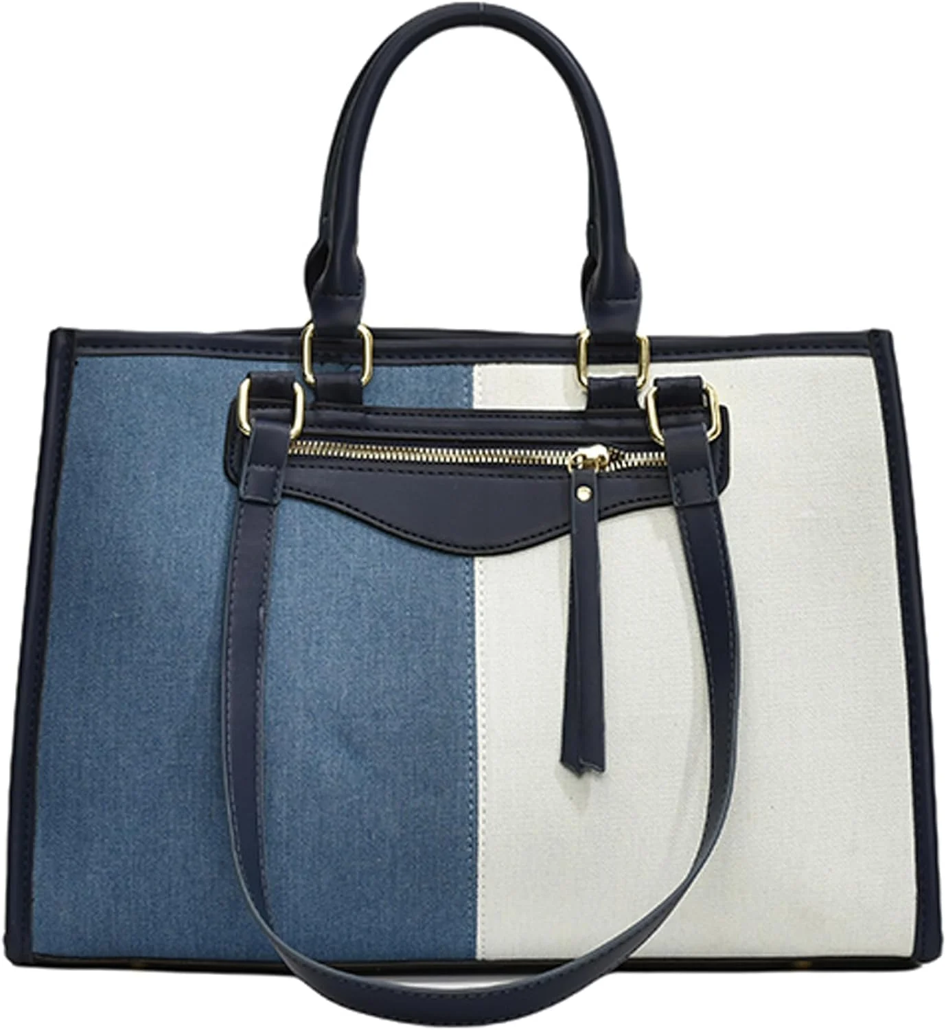 کیف دستی جین زنانه با دسته بالایی، طرح تکه دوزی دو رنگ، مناسب برای لپ تاپ 15.4 اینچی، کیف دستی چند جیبی، ایده آل برای کار، اداره، مسافرت و خرید (36CM x 10CM x 26CM)