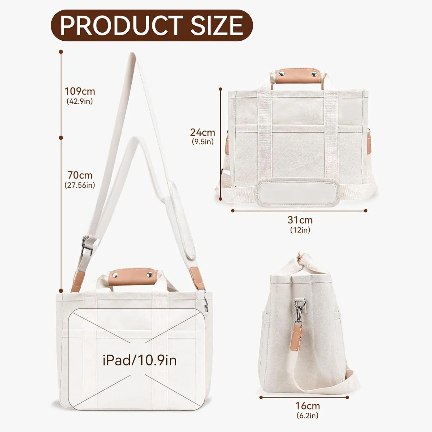 کیف دستی بومى پاپرى‌چ با جیب‌هاى متعدد براى بانوان، کیف بزرگ دوشی، کیف همه کاره با محفظه‌ها (سفید)