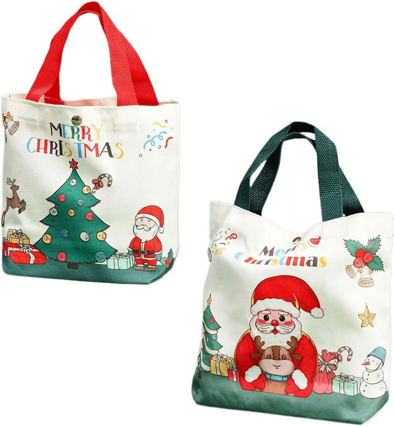 پینکه: ست 2 عددی کیف دستی کریسمس با طرح درخت کریسمس و بابانوئل، کیف خرید چندبار مصرف، کیف هدیه مهمانی، کیف دستی زنانه مناسب کار، سفر، خرید و تزیینات جشن کریسمس