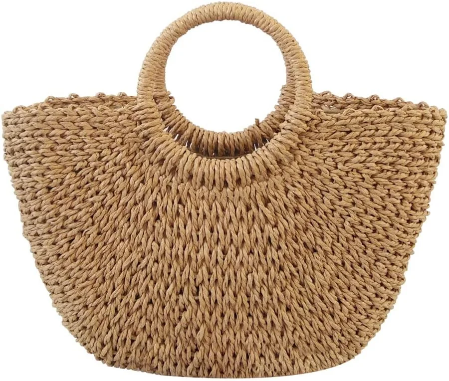 کیف حصیری بزرگ زنانه ORiTi، کیف حصیری تابستانی برای زنان، کیف دستی بافته شده با دسته بالایی، کیف کلاچ حصیری ساحلی