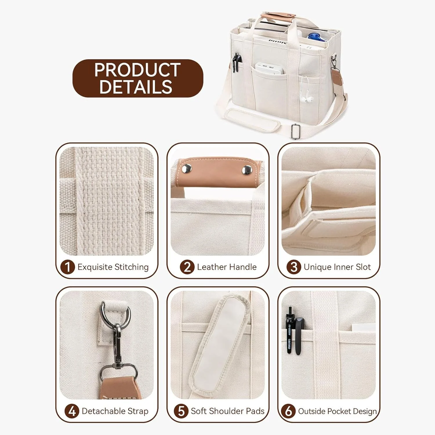 کیف دستی بومى پاپرى‌چ با جیب‌هاى متعدد براى بانوان، کیف بزرگ دوشی، کیف همه کاره با محفظه‌ها (سفید)