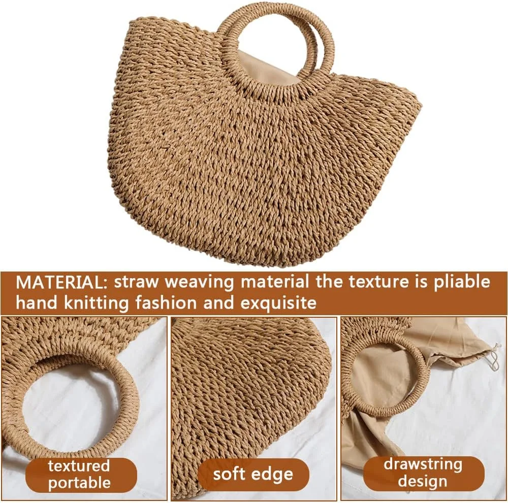 کیف حصیری بزرگ زنانه ORiTi، کیف حصیری تابستانی برای زنان، کیف دستی بافته شده با دسته بالایی، کیف کلاچ حصیری ساحلی