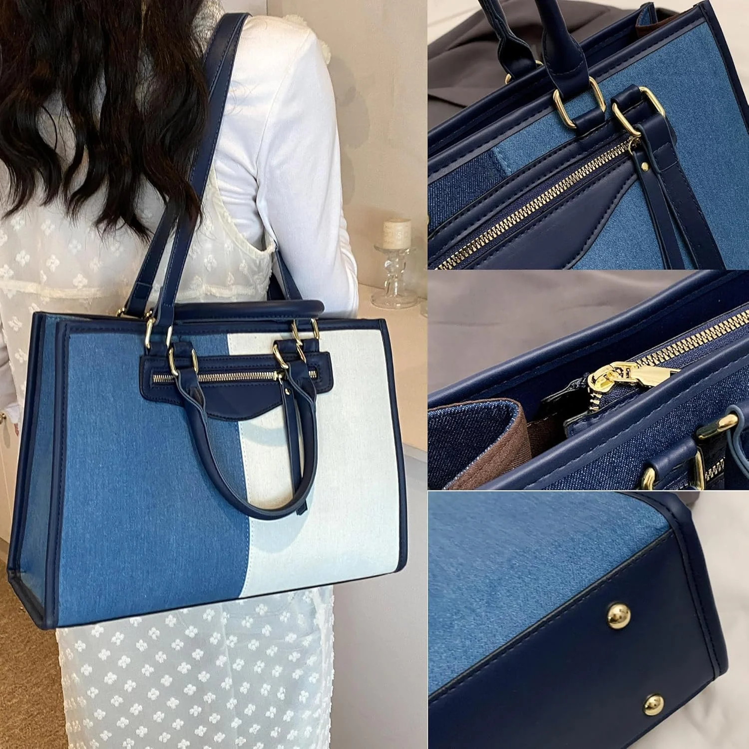 کیف دستی جین زنانه با دسته بالایی، طرح تکه دوزی دو رنگ، مناسب برای لپ تاپ 15.4 اینچی، کیف دستی چند جیبی، ایده آل برای کار، اداره، مسافرت و خرید (36CM x 10CM x 26CM)