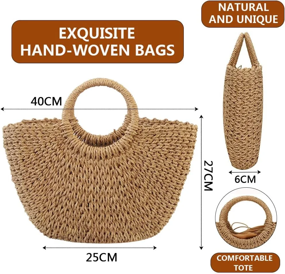 کیف حصیری بزرگ زنانه ORiTi، کیف حصیری تابستانی برای زنان، کیف دستی بافته شده با دسته بالایی، کیف کلاچ حصیری ساحلی