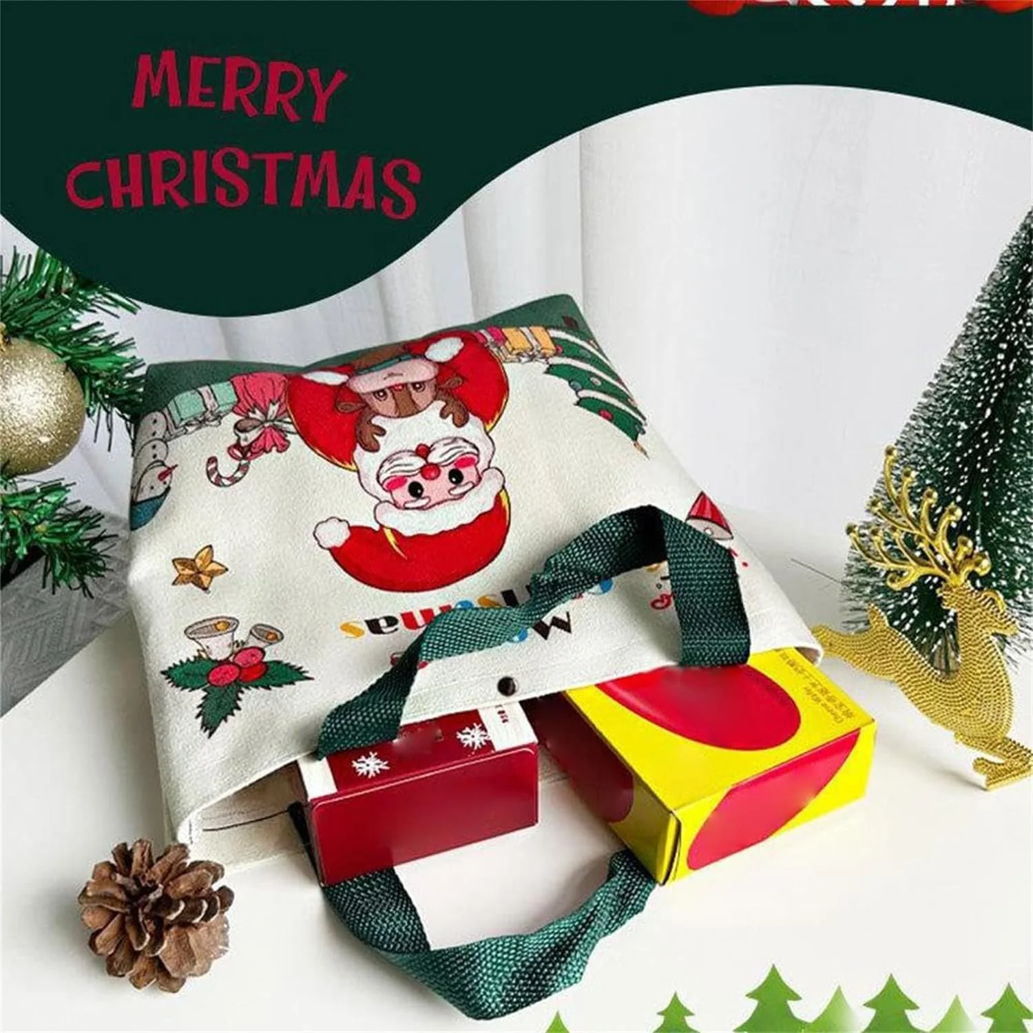 پینکه: ست 2 عددی کیف دستی کریسمس با طرح درخت کریسمس و بابانوئل، کیف خرید چندبار مصرف، کیف هدیه مهمانی، کیف دستی زنانه مناسب کار، سفر، خرید و تزیینات جشن کریسمس