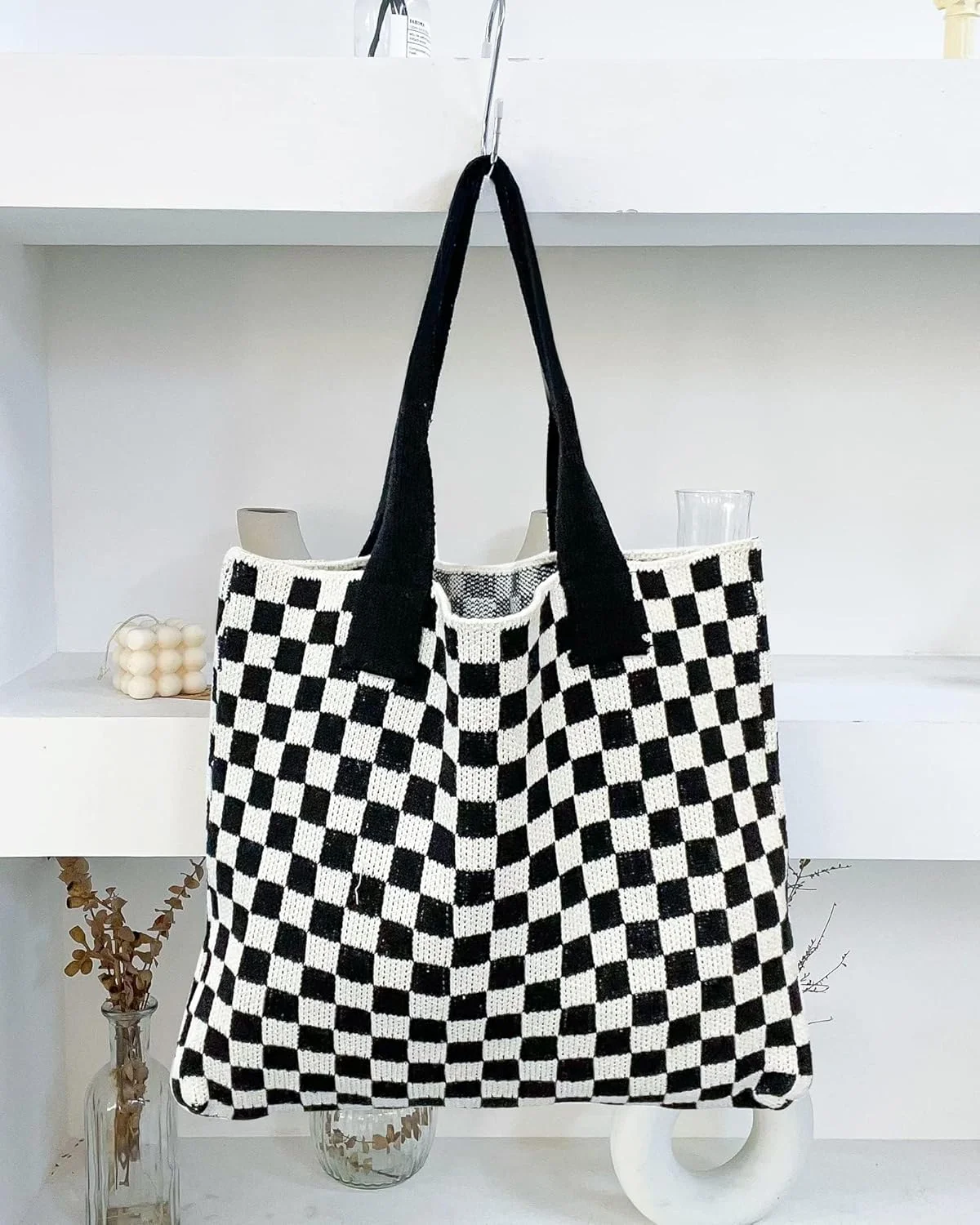 کیف بافتنی زنانه TERRIFI، کیف خرید با ظرفیت بزرگ، طراحی زیبا، کیف دوشی دستبافت، کیف دستی شیک طرح شطرنجی سیاه و سفید