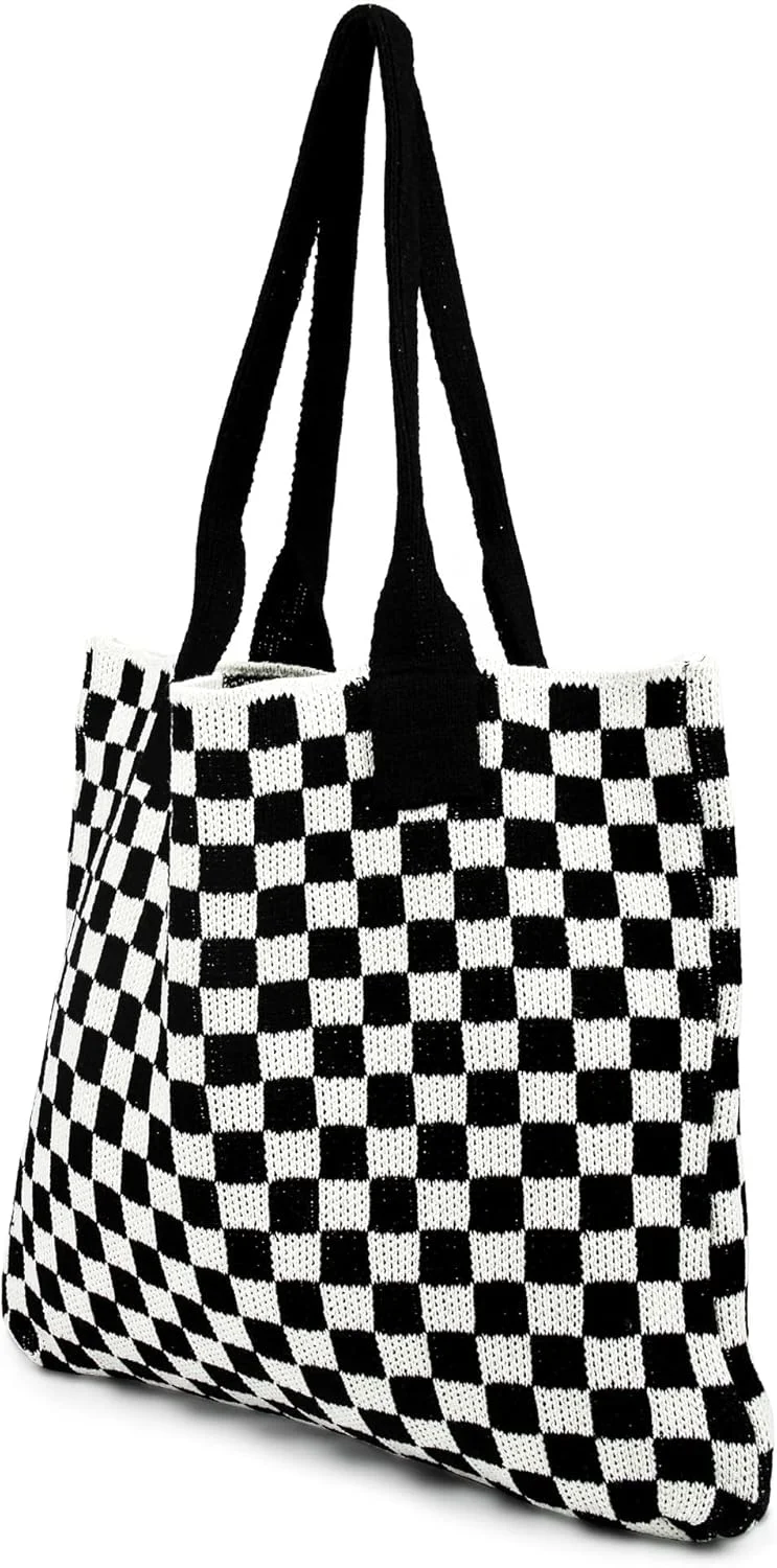 کیف بافتنی زنانه TERRIFI، کیف خرید با ظرفیت بزرگ، طراحی زیبا، کیف دوشی دستبافت، کیف دستی شیک طرح شطرنجی سیاه و سفید