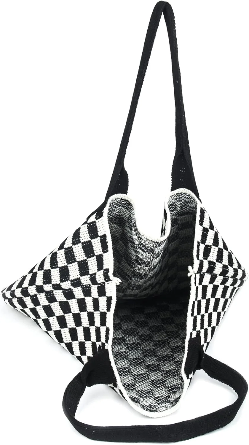 کیف بافتنی زنانه TERRIFI، کیف خرید با ظرفیت بزرگ، طراحی زیبا، کیف دوشی دستبافت، کیف دستی شیک طرح شطرنجی سیاه و سفید