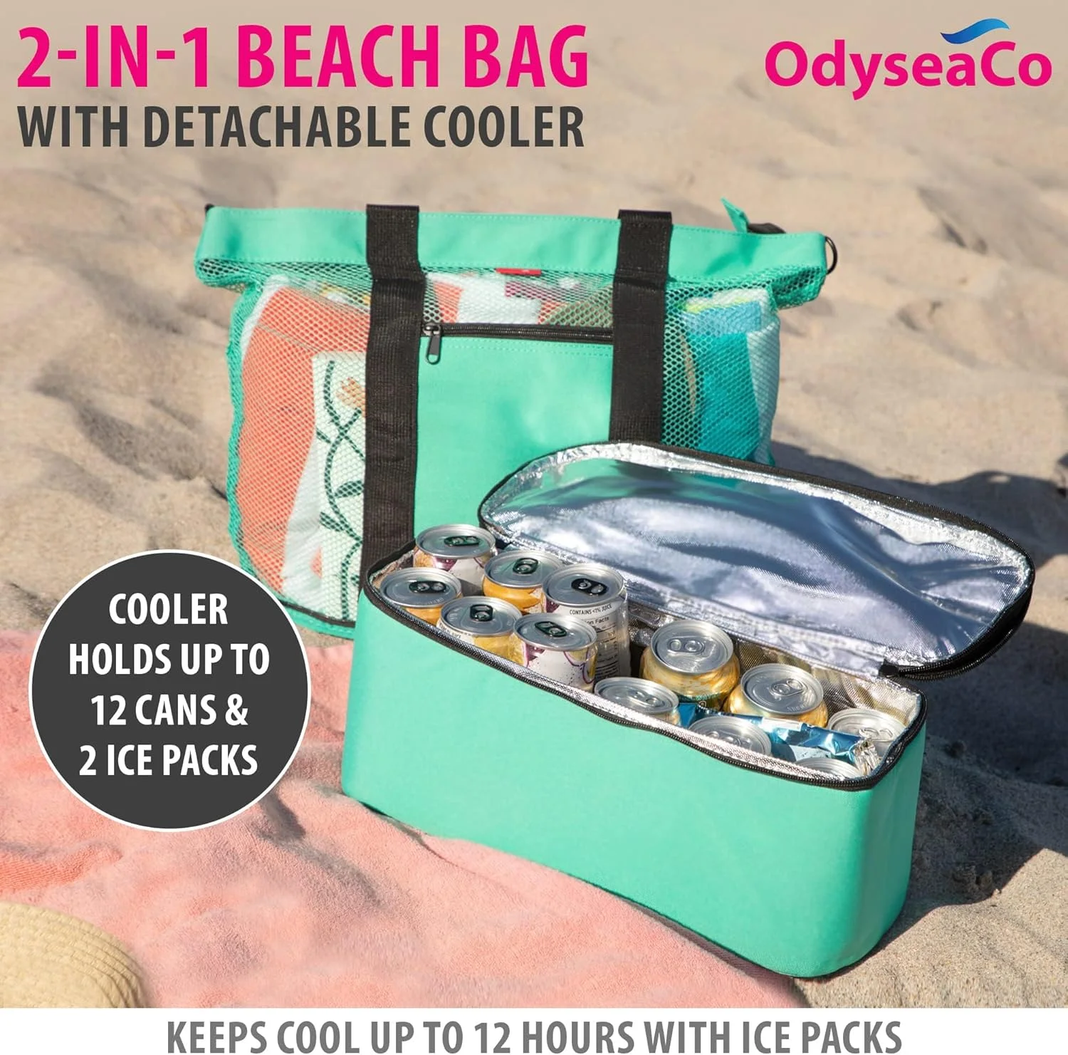 کیف ساحلی ضد آب تزویق، ضد آب و ضد شن و ماسه برای بانوان، کیف ساحلی توری، کیف دستی ساحلی حصیری بافته شده، با محفظه خنک کننده، کیف استخر و کیف دستی ساحلی، سبز